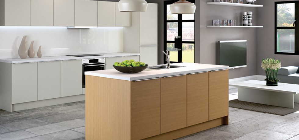 Matching kitchen worktops and island with Wilsonart Laminate worktop in Designer White 38mm. 